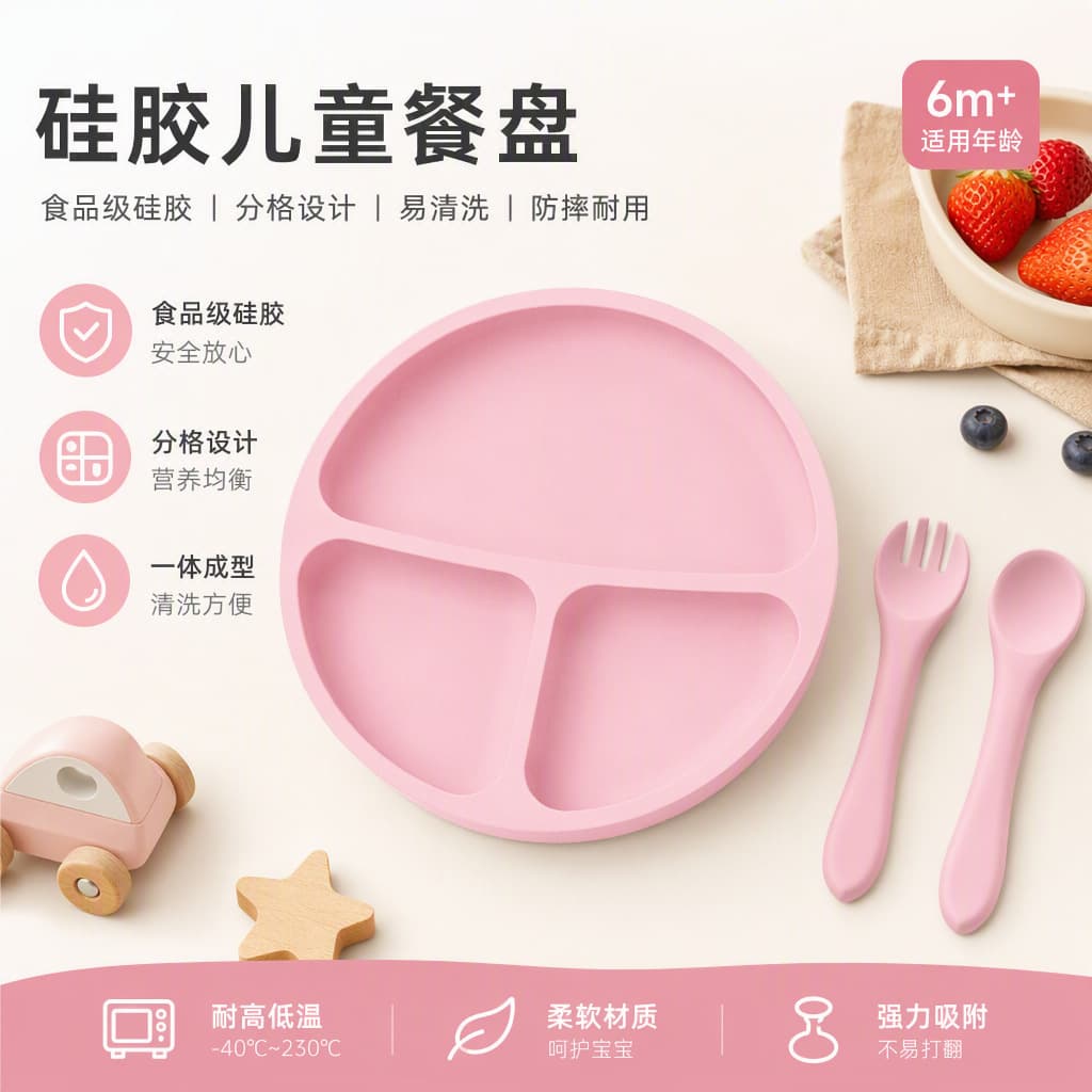 Silicone dinner plate for infants and young children, baby suction cup food supplement, high temperature resistant fork and spoon, three-piece set plate, round