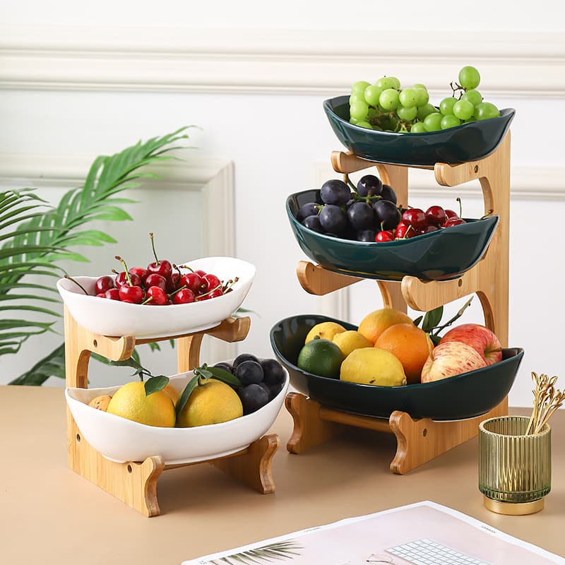 Creative Bamboo Wood Stand Multi-layer Dried Fruit Tray Nordic Style Double-layer Ceramic Snack Plate for Home Hospitality Fruit and Vegetable Dish