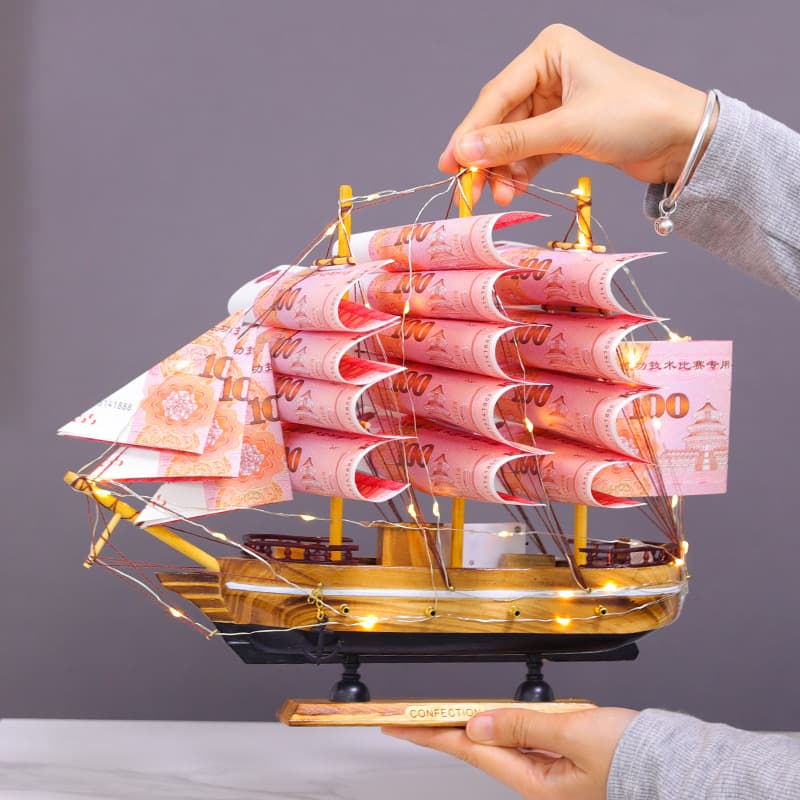 Smooth Sailing Sailboat Model with Money Flower Handmade Ornament Creative Housewarming Birthday Decoration