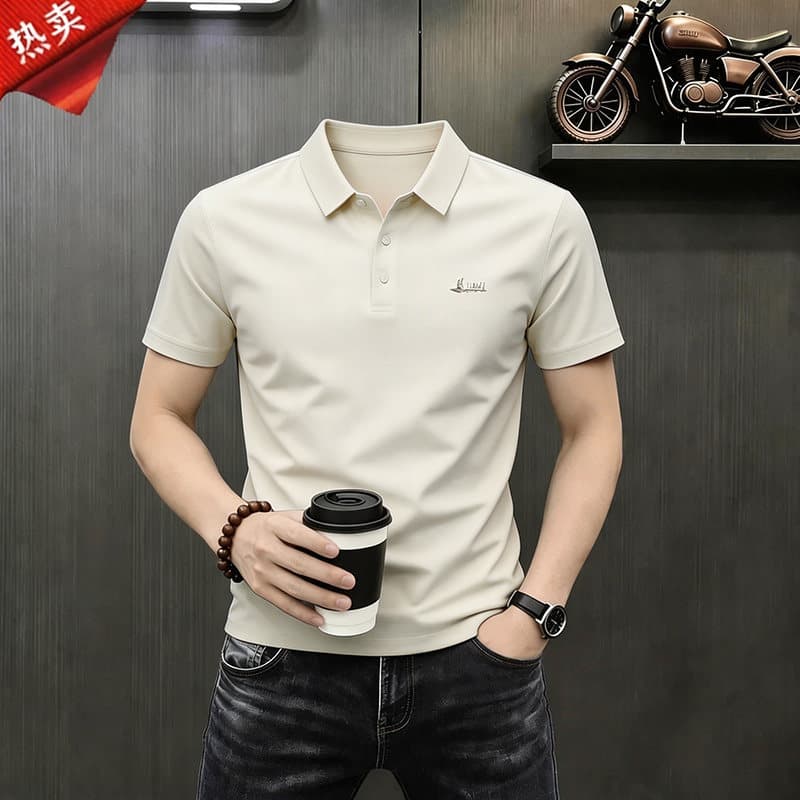 TikTok Live Thin Short-Sleeve Polo Shirt for Men, Summer Casual Minimalist Menswear, Turn-Down Collar Undershirt T-Shirt Top