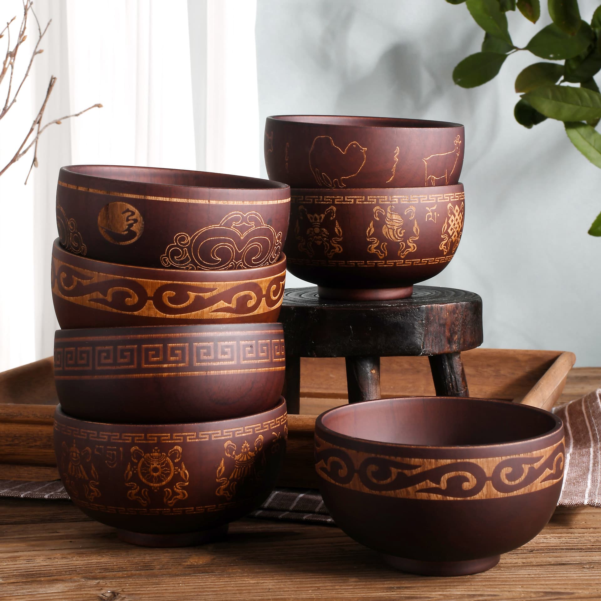 Ethnic Style Sour Jujube Wooden Bowl Carving Pattern Mongolian Food Special Wooden Bowl Tableware Mongolian Wooden Milk Tea Bowl