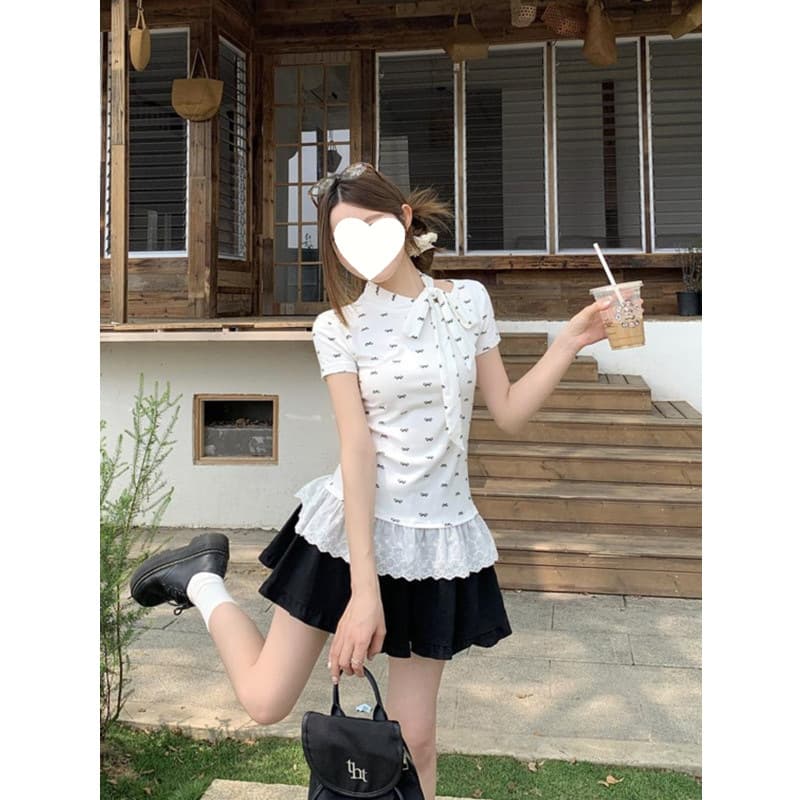 Bow Lace Trim Tie Short Sleeve T-Shirt Women Casual Fashion Versatile Design Thin Ins White Print