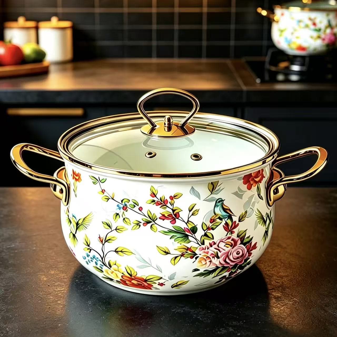 Thickened Enamel Soup Pot with Double Handles and Gold Rim, Premium Cast Iron Stew Pot, Compatible with Induction Cooker and Gas Stove