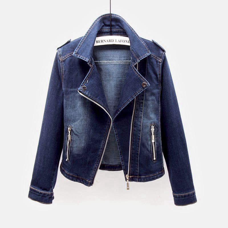 Cross-Border Stretch Denim Jacket Women's Short Spring/Autumn New Blazer Collar Biker Jacket Slimming Versatile Top
