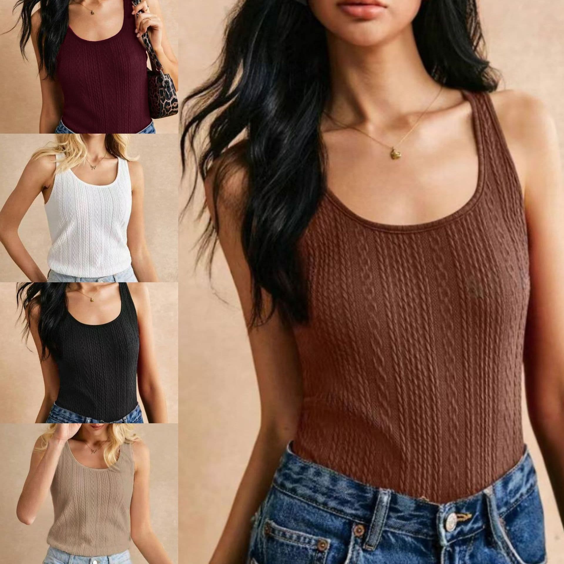 2026 Amazon Cross-Border New EU-US Solid Color U-Neck Camisole Loose Cross-Border Jacquard Knit Top Women