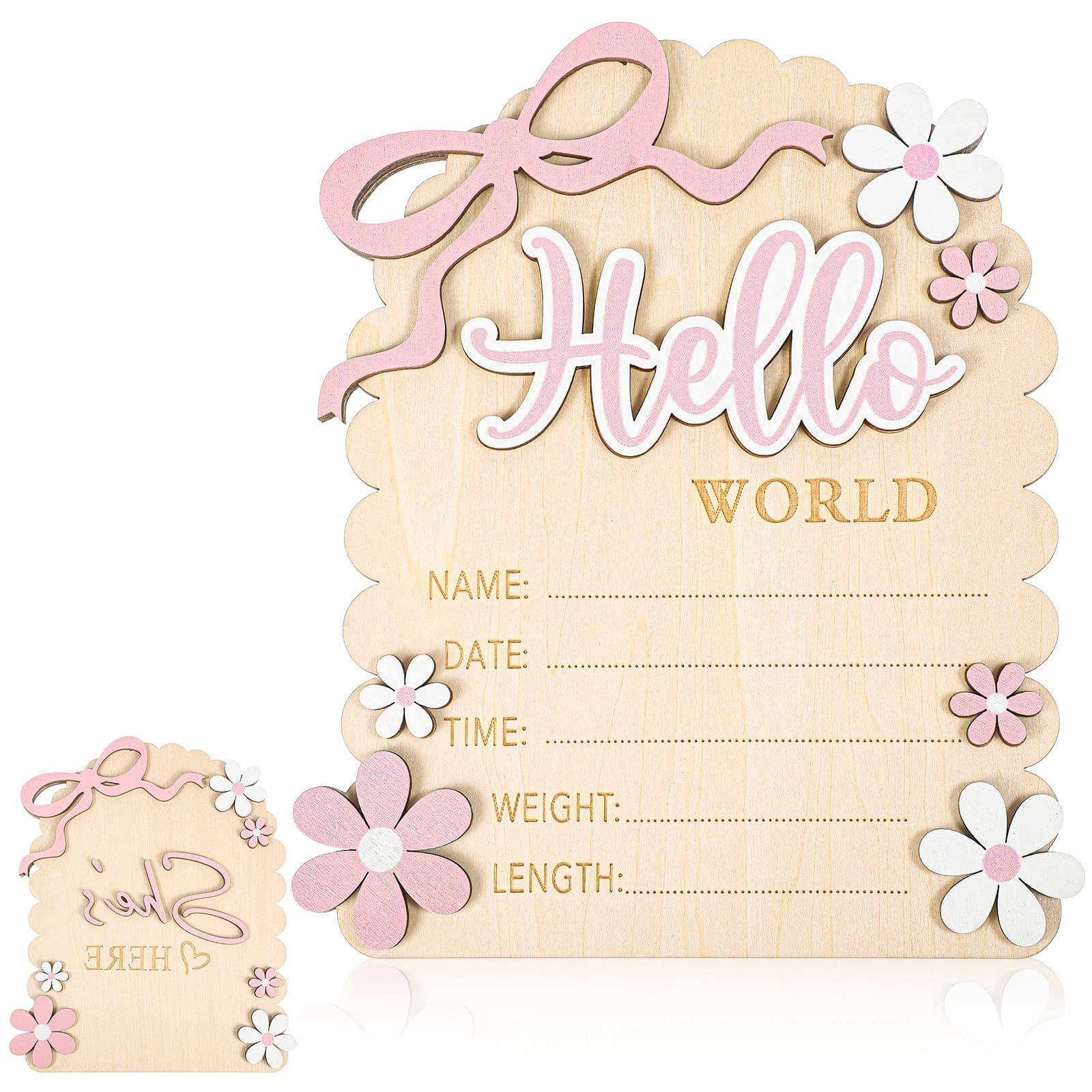 Cross-border Baby Shower Hello World Newborn Wooden Sign Pink Bow Baby Growth Souvenir