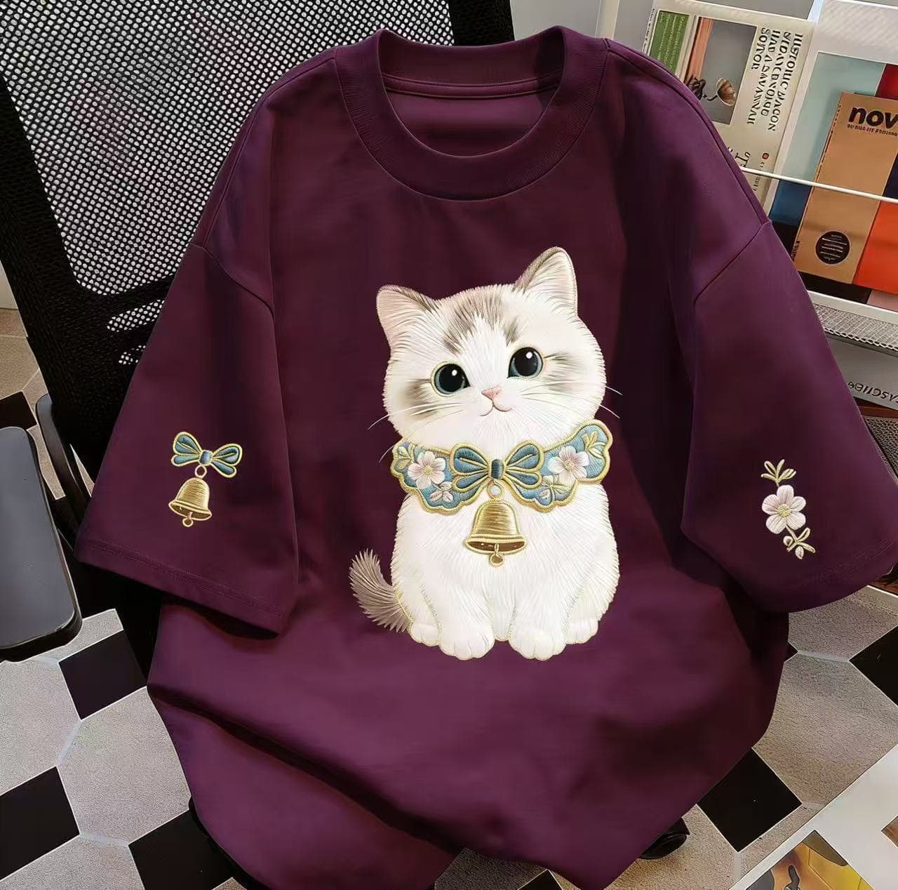 Pure Cotton Back-Neck Japanese-Style Cute Cat Print Loose Short-Sleeve T-Shirt for Women, New Summer Cartoon Cute Versatile Style