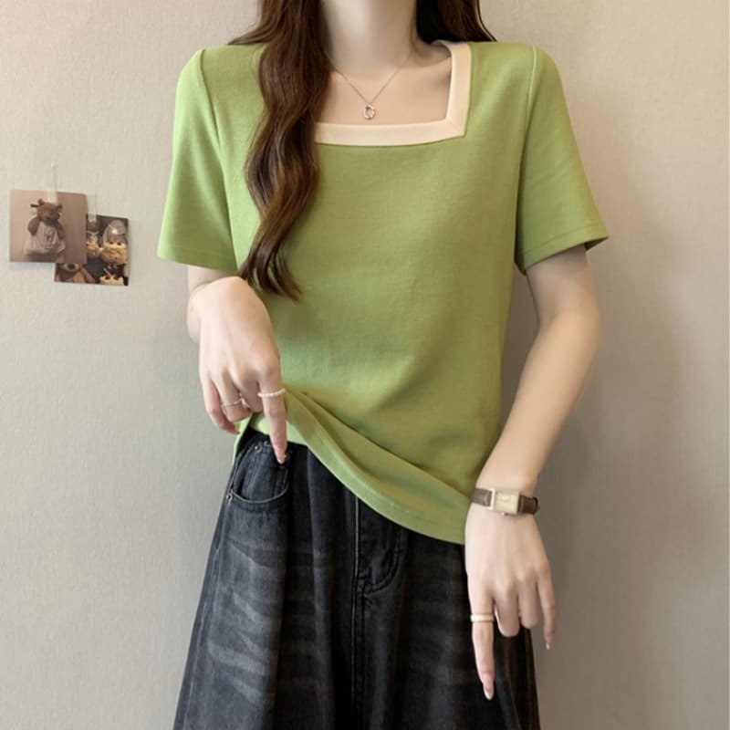 Cross-Border 92% Cotton Regular Shoulder Short-Sleeve T-Shirt for Women, Summer Square Neck Color-Blocking Plus-Size Loose Fit Tummy-Covering Top