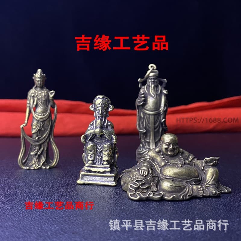 Vintage Brass Buddha Statue Retro Copper Dragon Fifth Lord Buddha, Flying Apsaras Guanyin, Cloth Bag Maitreya Buddha Mini Desktop Bronze Statue
