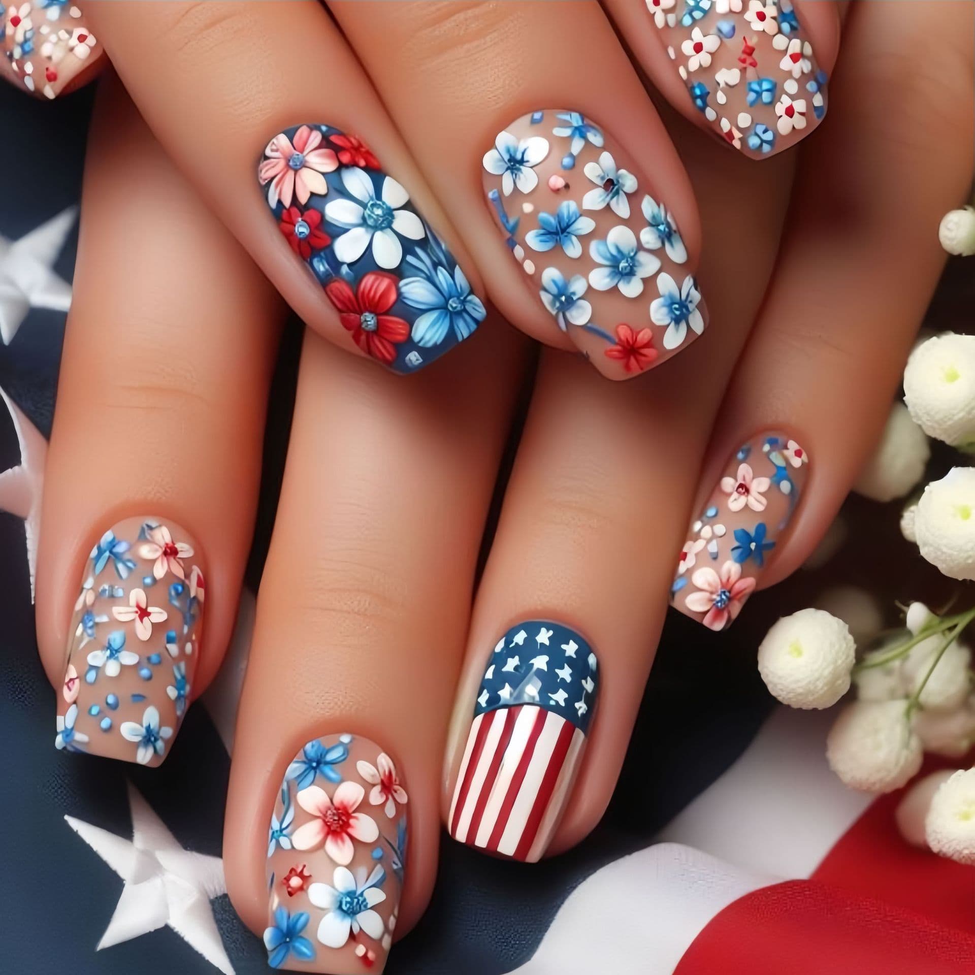 Press-On Nail Tips Blue Nails Medium-Long Square Nail Tips Independence Day Nails