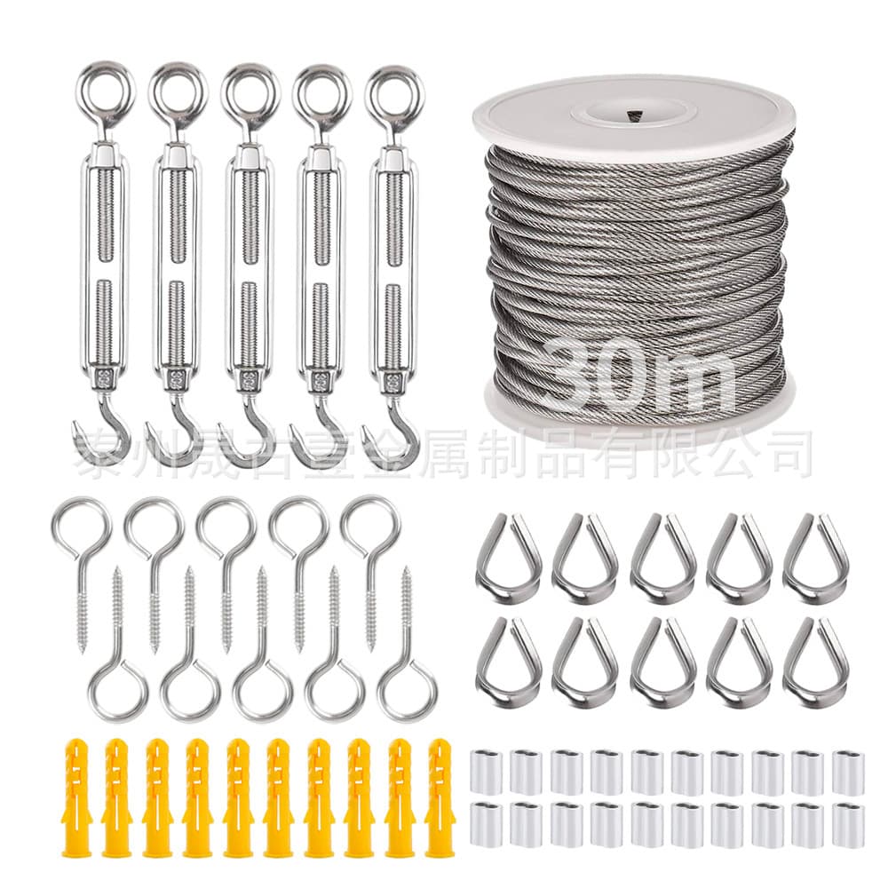 Stainless steel coated wire rope suspension kit, outdoor string light pins and hooks, tensioning cable, plastic-coated cable railing set