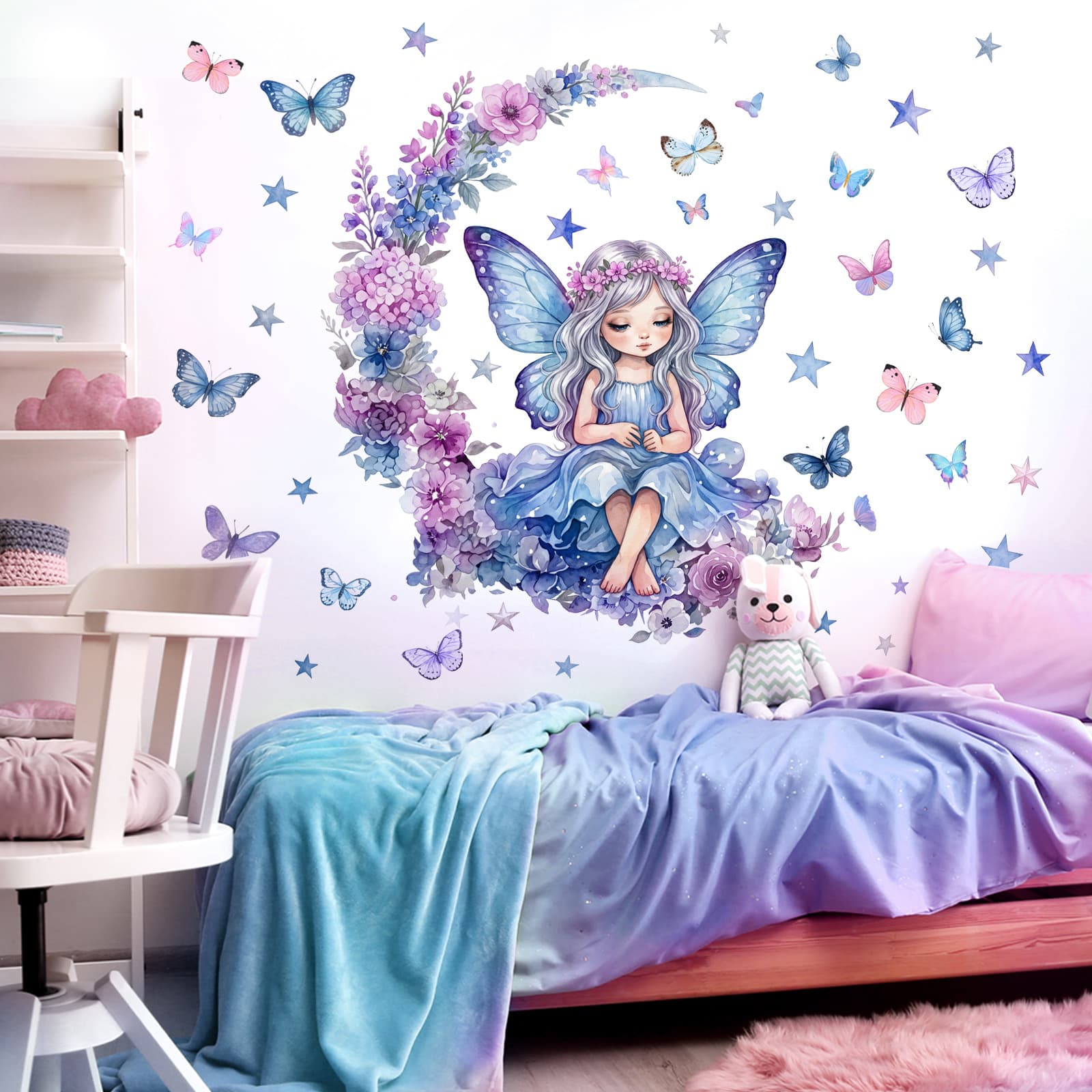 M17005 Cartoon Elf Girl Butterfly Wall Sticker Kids Room Girl Bedroom Warm Decorative Sticker Self-Adhesive Wall Decal