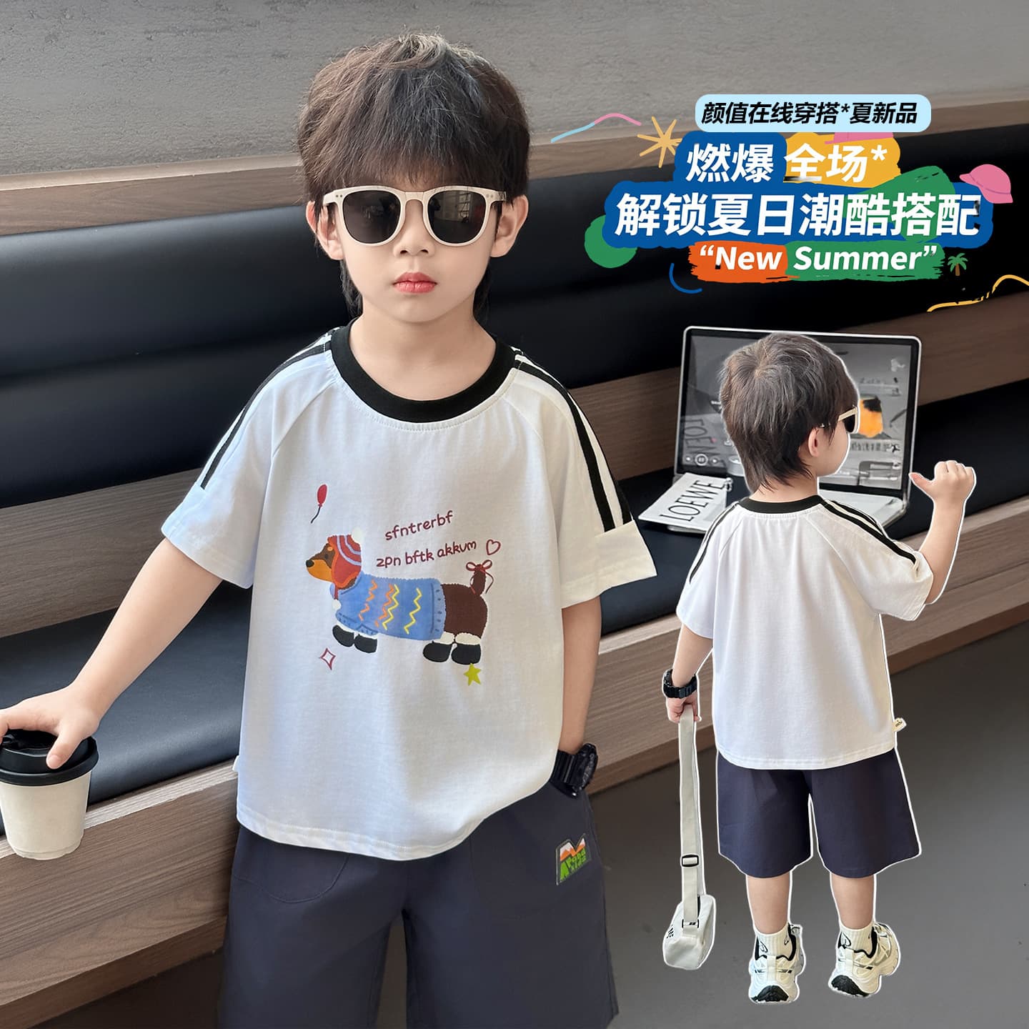 Boys' Summer Cartoon Printed Dachshund Short-Sleeved T-Shirt, Pure Cotton Kids' Casual Loose Half-Sleeved Handsome Top