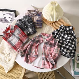Boys' Long-Sleeve Plaid Shirt Autumn Style Retro Color-Block Cardigan New Turn-Down Collar Top Coat for Kids