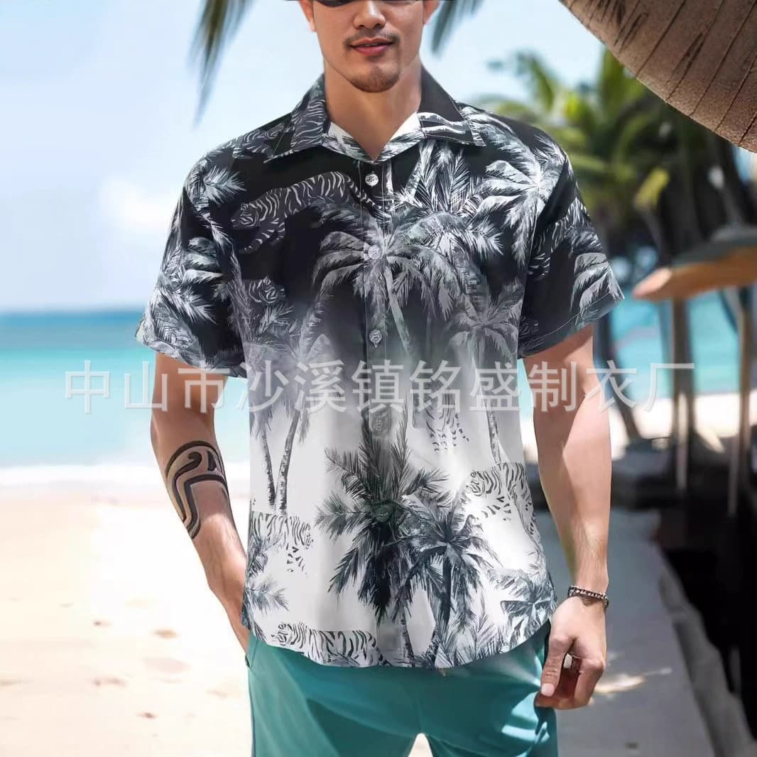 New Summer Digital Print Short Sleeve Shirt for Men, Trendy Casual Thin Top, Loose and Fashionable Shirt