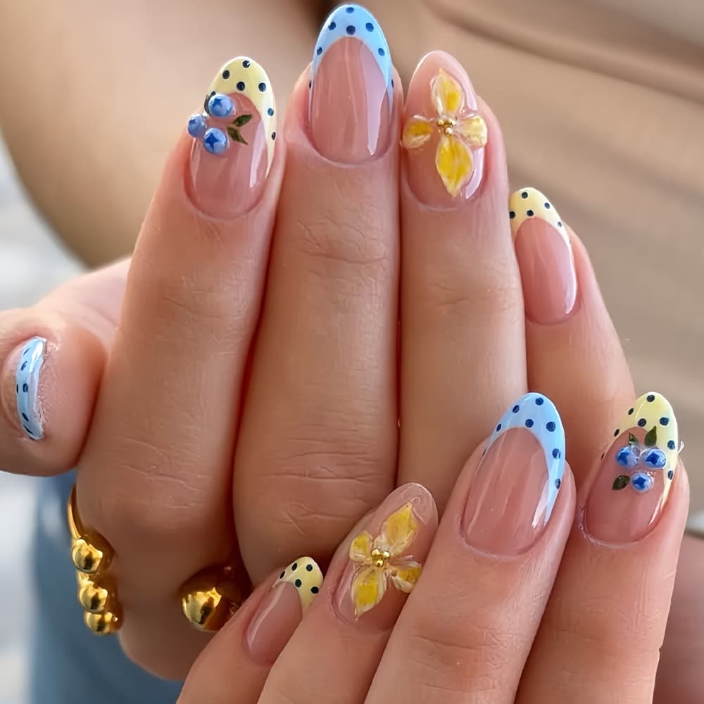 Three-dimensional carved fruit nails, blueberry black polka dots, white almond-shaped nails, milk tea color fake nails