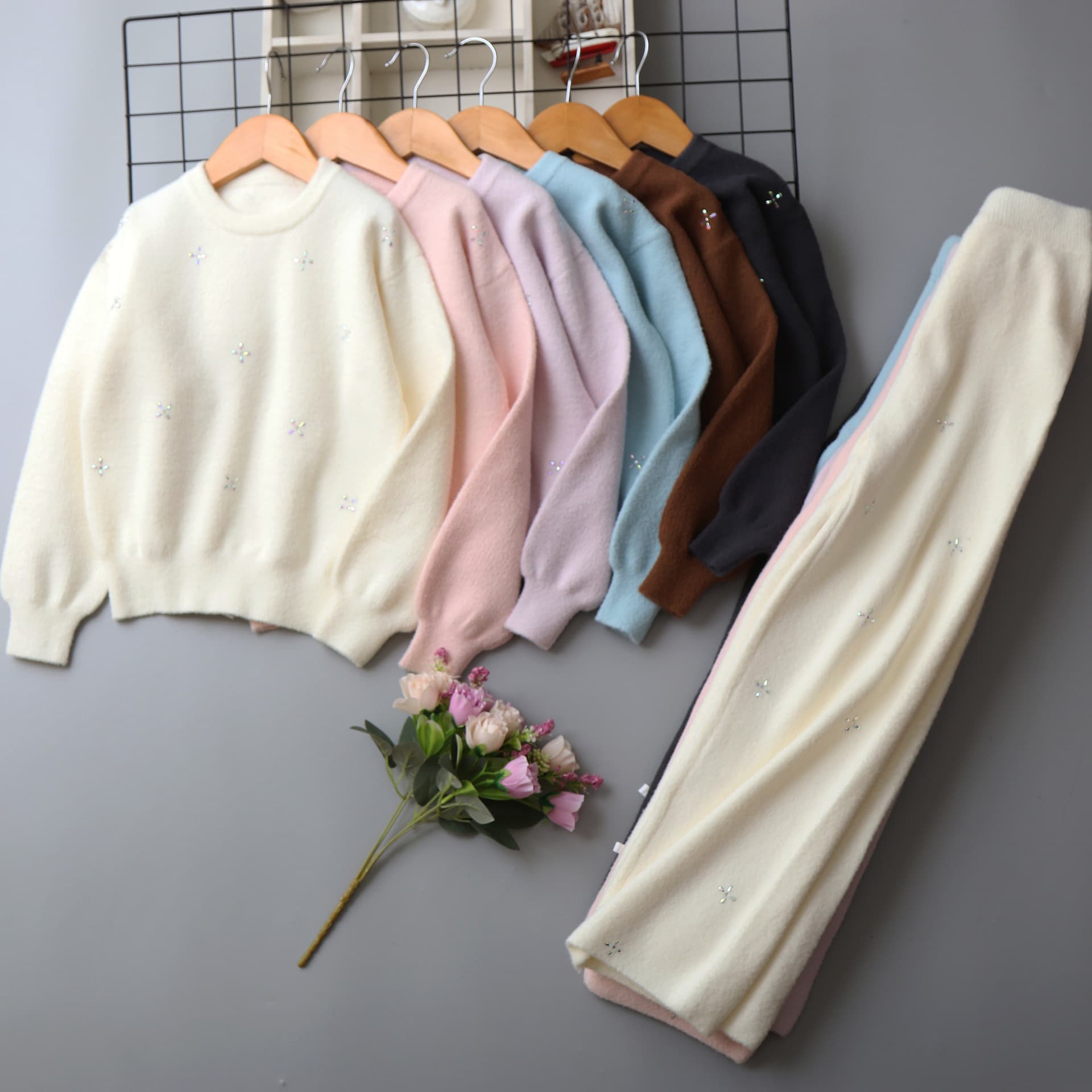 B-7 Sequin Flower Girls 2026 New Sweater Pants Suit Girls' Sweater Two-piece Set Autumn and Winter New Style