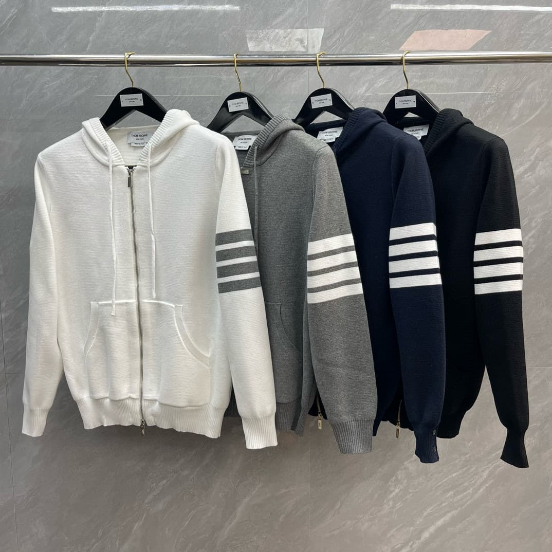 Factory Direct High Quality TB Autumn/Winter New 4-Stripe Long Sleeve Drawstring Hooded Zip-Up Wool Cardigan