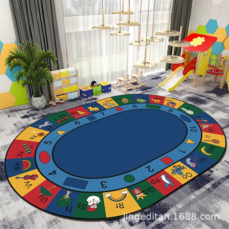 Floor Mat, Educational Game Mat, Flying Chess Carpet, Oval-Shaped Fun Cartoon Digital Leisure Carpet, Living Room
