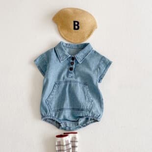 ins2026 Korean-style Summer Baby Girls' Cotton Denim Short-Sleeve Romper with Large Pockets