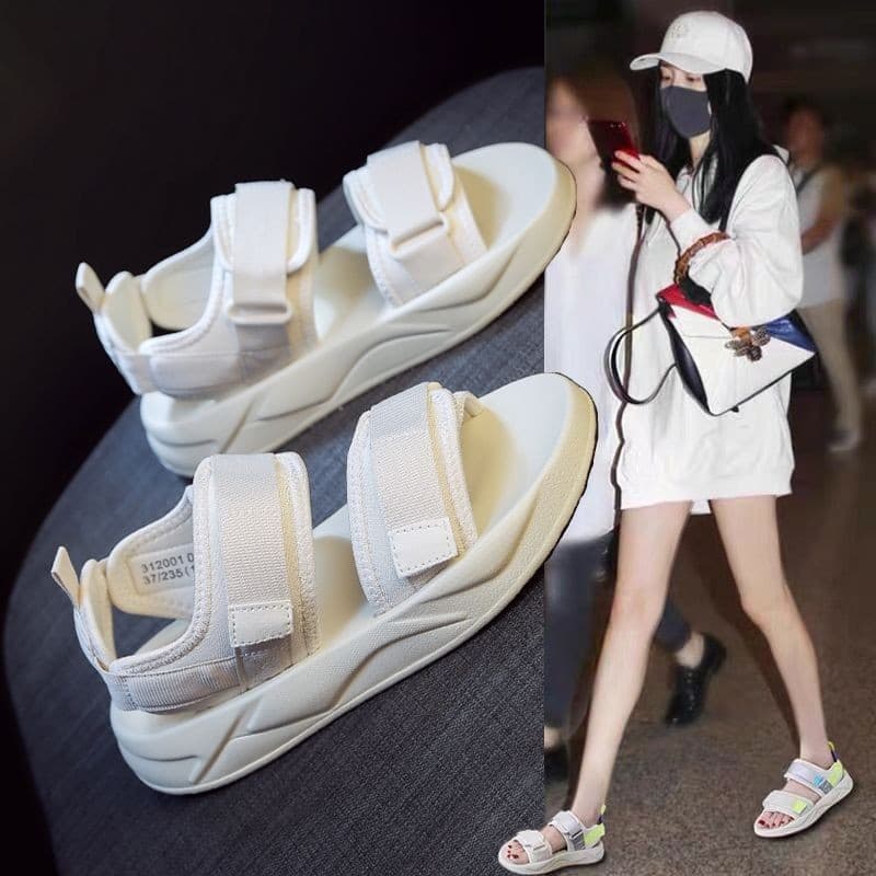 Women's Sporty Summer Sandals 2025 Beach Casual Thick Heel Slippers Elastic Fabric Upper Rubber Outsole Korean Style