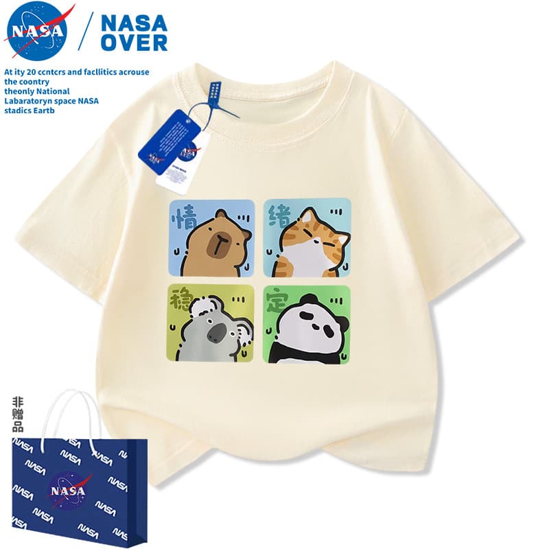 NASA emotionally stable animal cartoon children's short-sleeved T-shirt 2026 summer new style pure cotton half-sleeved shirt for boys and girls