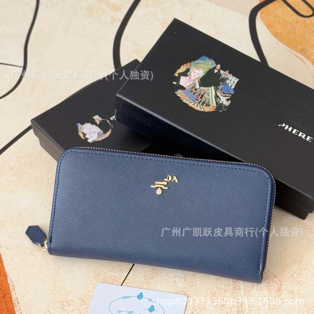 Prada Triangle Logo Wholesale Men's Clutch Bag Single Zipper Cross-Grain Leather Wallet Money Clip with Logo Cross-Border
