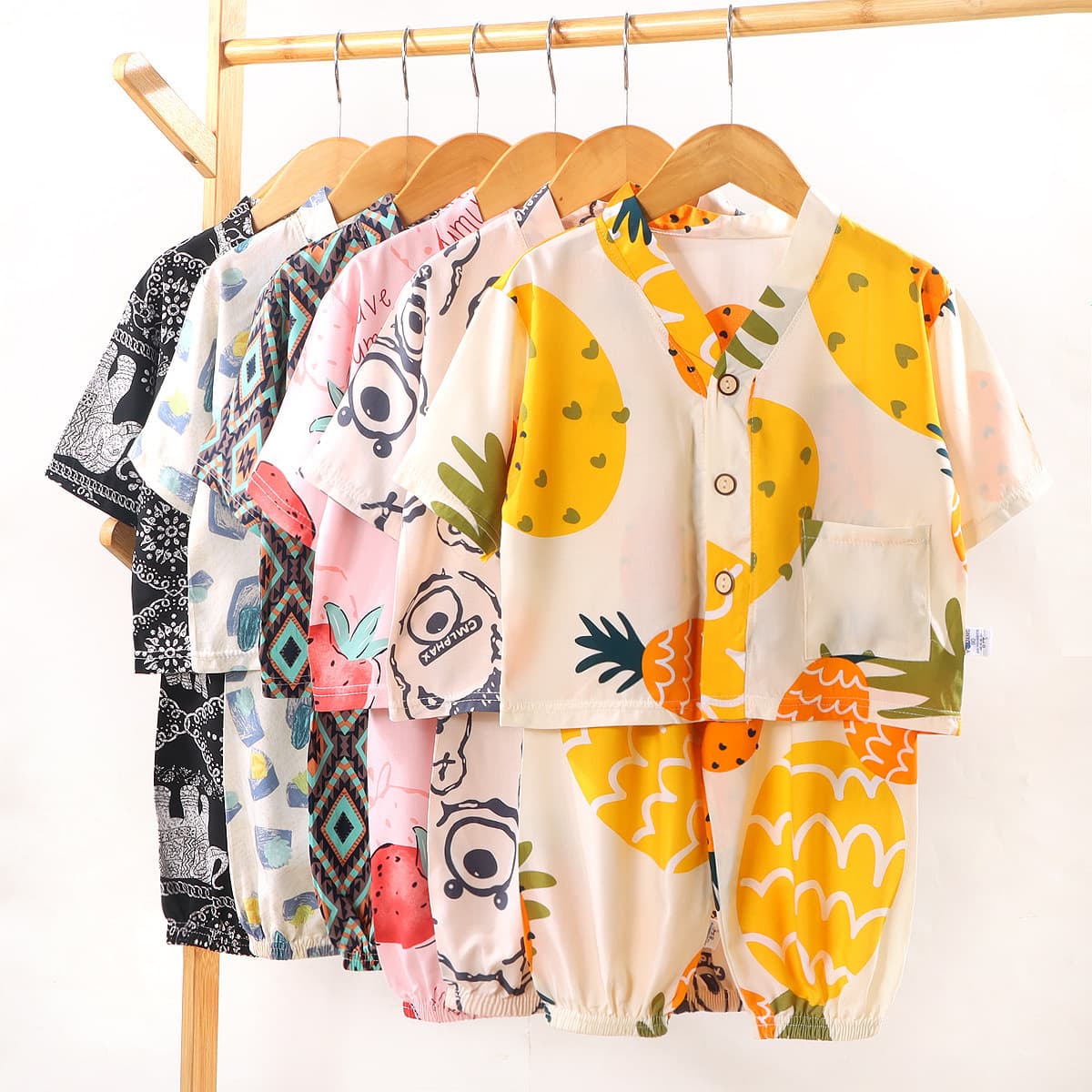 Children's Cotton Silk Pajama Set Summer Rayon Air Conditioning Wear Boys Girls Cotton Silk Homewear Two-Piece Set