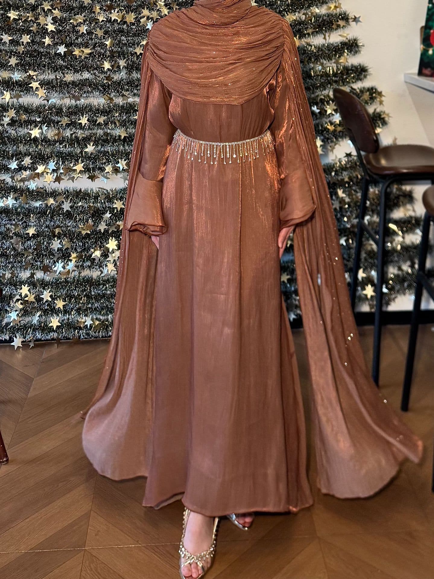 Elegant Pleated Cape Style Long Robe Fashion Sequined Banquet Dress Party Maxi Dress