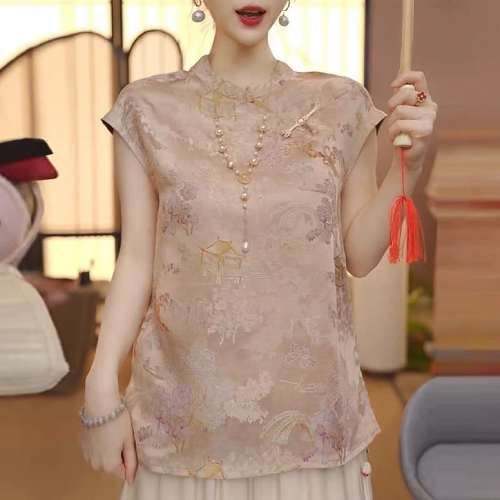 New Chinese Short Sleeve Frog Button Jacquard Blouse for Women Other Ultra Short Skirt Embroidered Flared Skirt