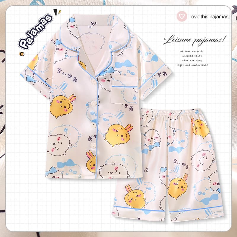 Southeast Asian Girls' Pajamas Summer Ice Silk Thin Short-Sleeve Set Children Little Girls Stylish Baby Girl Home or Outer Wear