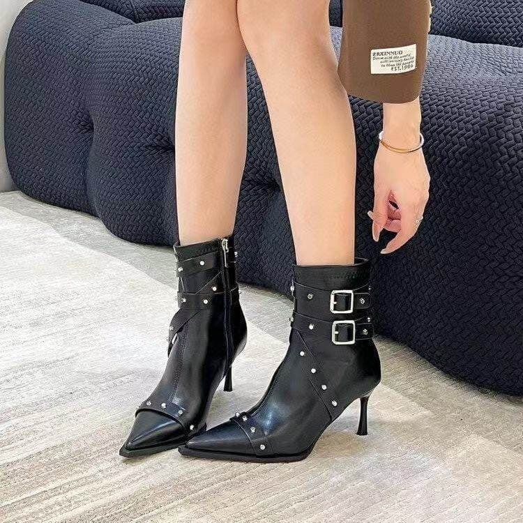 Chuyu Season Rivet Buckle Pointed Toe Soft High Heel Ankle Boots Women 2026 Autumn New Fashion Leather Casual Boots