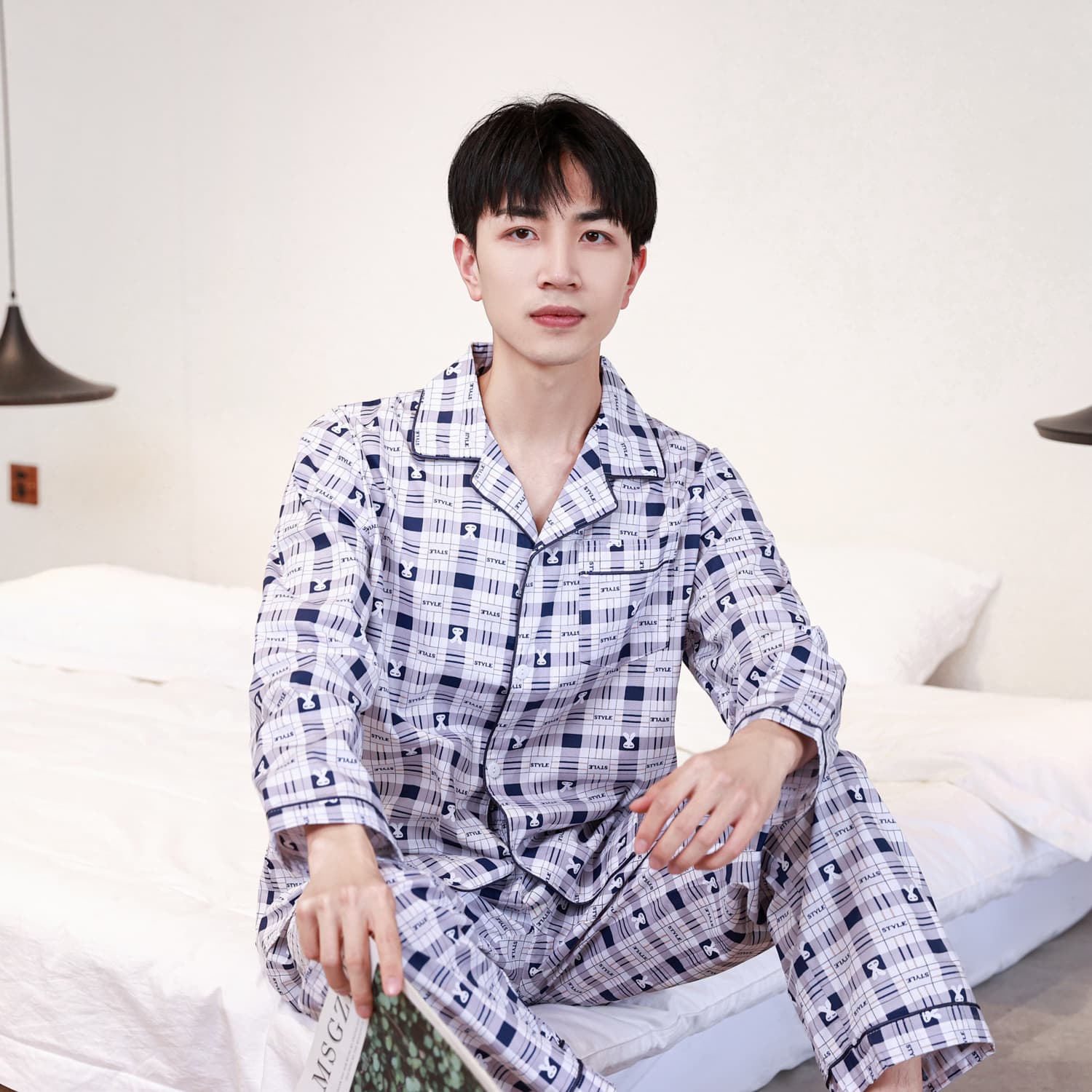 Men's Long-Sleeve Cotton Pajamas, Pure Cotton Printed Plaid Homewear, Suitable for Spring, Summer, and Autumn, Plus Size, Cross-Border