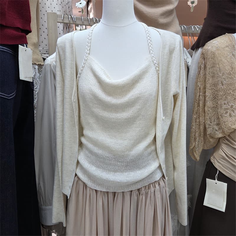 Korean Sweet Pure Desire Knit Top Two-Piece Set Women Versatile Draped Neck Slim Camisole Outer Long Sleeve Short Cardigan Set