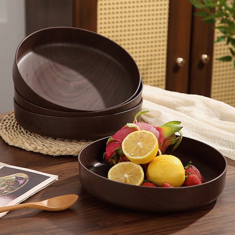 Creative wood grain fruit plate, desktop snack and fruit storage plate, retro style, large round plastic plate
