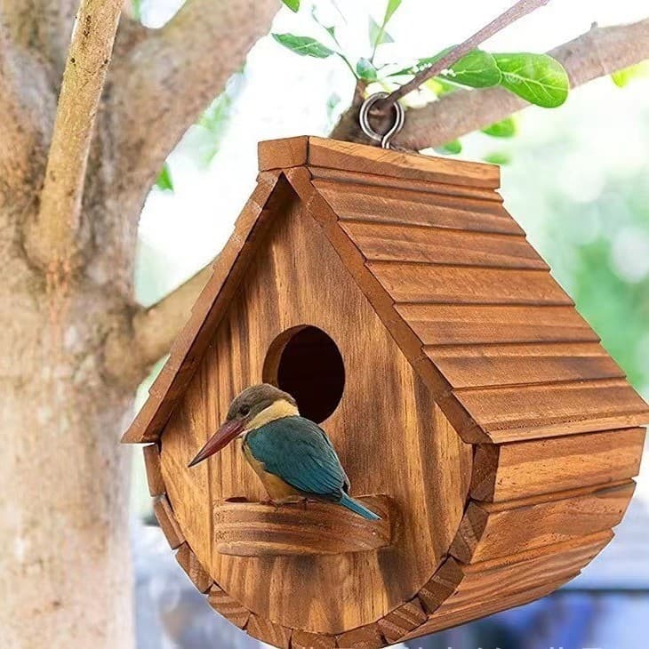 Burnt Color Birdhouse Creative Wooden Bird Nest House Solid Wood Bird Breeding Box Eaves Bird Nest In Stock Wooden Hanging Ornament