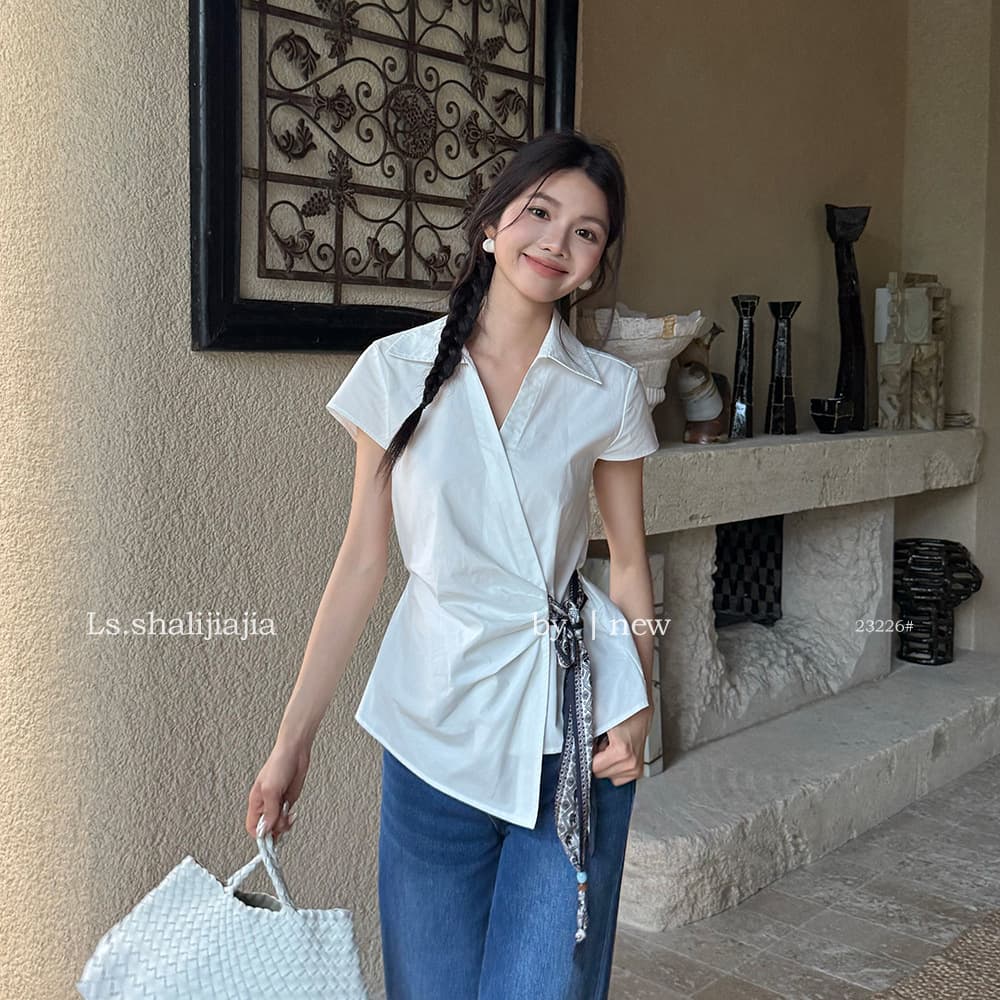 LS Simple Commute V-Neck Solid Color Lapel Cinched Waist Shirt for Women, Guangzhou Thirteen Hongs 2026 Spring New Top 23226