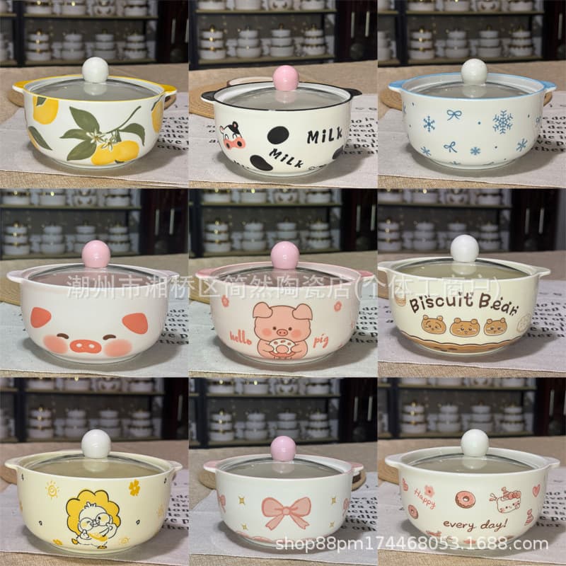 Factory Wholesale Korean Style Cute Cartoon Double Handle Instant Noodle Bowl 2026 New Ceramic Bowl Household Luosifen Bowl with Lid