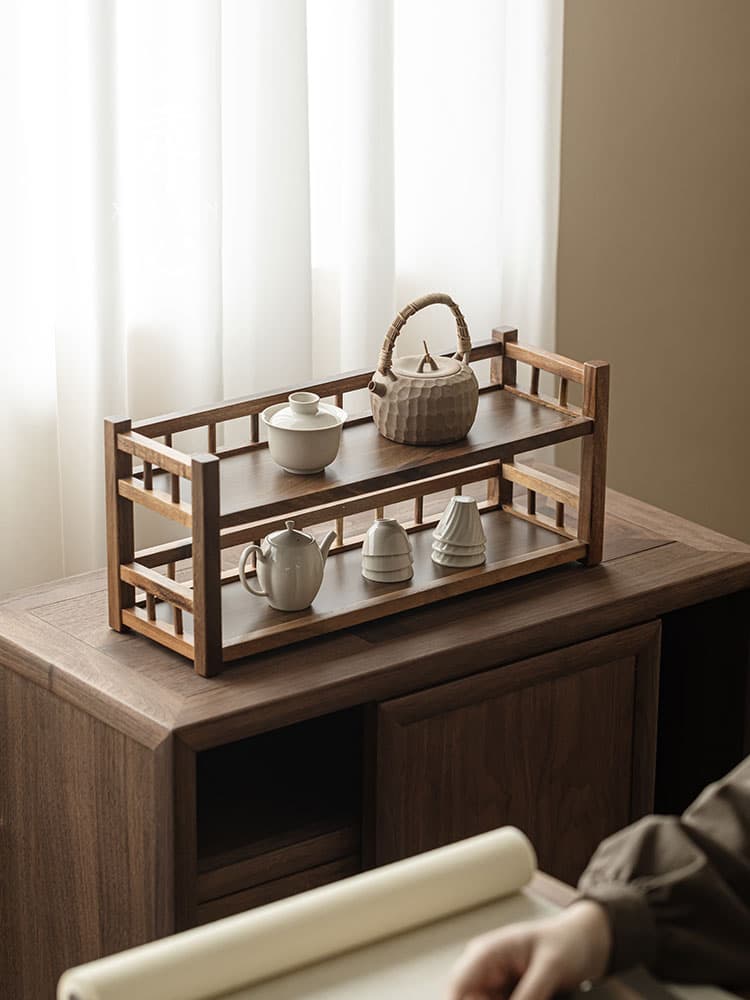 ♔ Seeking Heart walnut wood tea set storage rack solid wood curio shelf teapot teacup holder double-layer desktop tea table storage