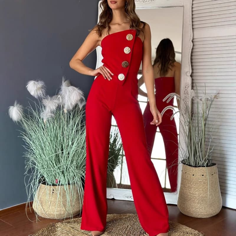 Cross-border Amazon European and American Women's Fashion 2025 Spring/Summer New Sexy Strapless Button Decorated Flared Jumpsuit