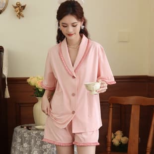 Short Sleeve Pajamas for Women Summer Cotton Sleep Pants Two-Piece Set Loose Plus Size Cardigan Half Sleeve French Style Wearable Out Homewear Suit
