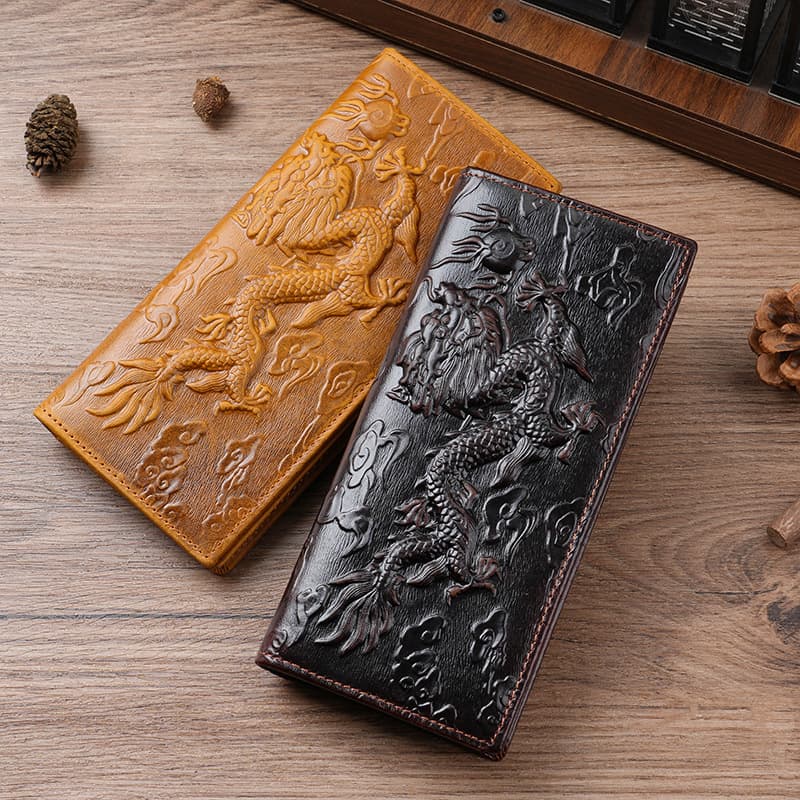 Popular Cross-Border Dragon Pattern Men's Wallet, Genuine Leather Trendy Retro Long Wallet, Casual Clutch Bag, Large Capacity Card Holder