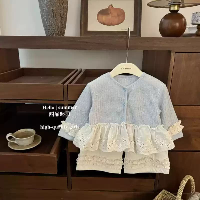 2026 New Girls Korean Style Spring and Autumn Clothing Suit Girls Fashionable Stitching Cardigan Jacket Shirt Lace Wide Leg Pants