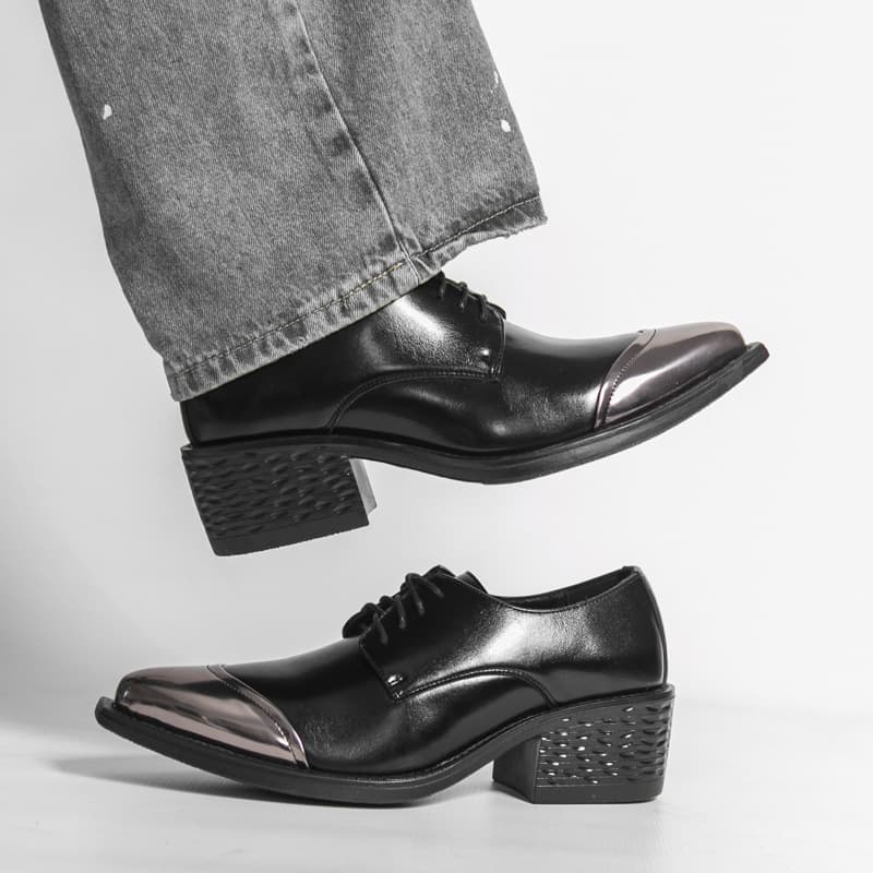 Cross-Border Foreign Trade Pointed Toe Casual High Heel Leather Shoes Business Men's Shoes Mid Heel Lace-Up Retro Large Size Dance Shoes Wholesale