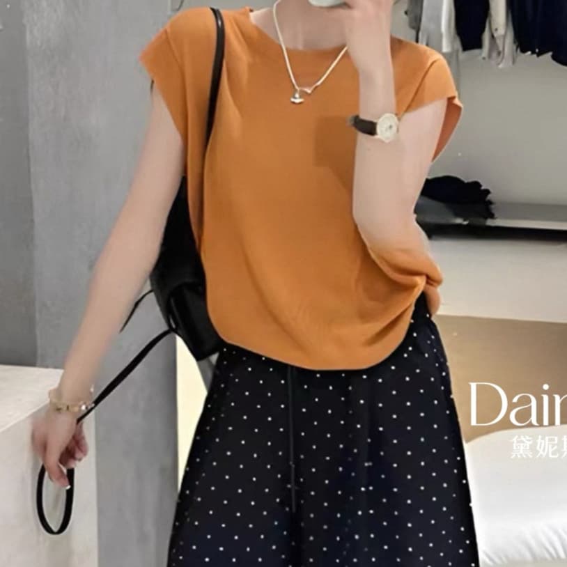 Tencel Linen New Summer Style Simple Solid Color Round Neck Knitted Top, Loose and Versatile, Slimming Hermès Orange