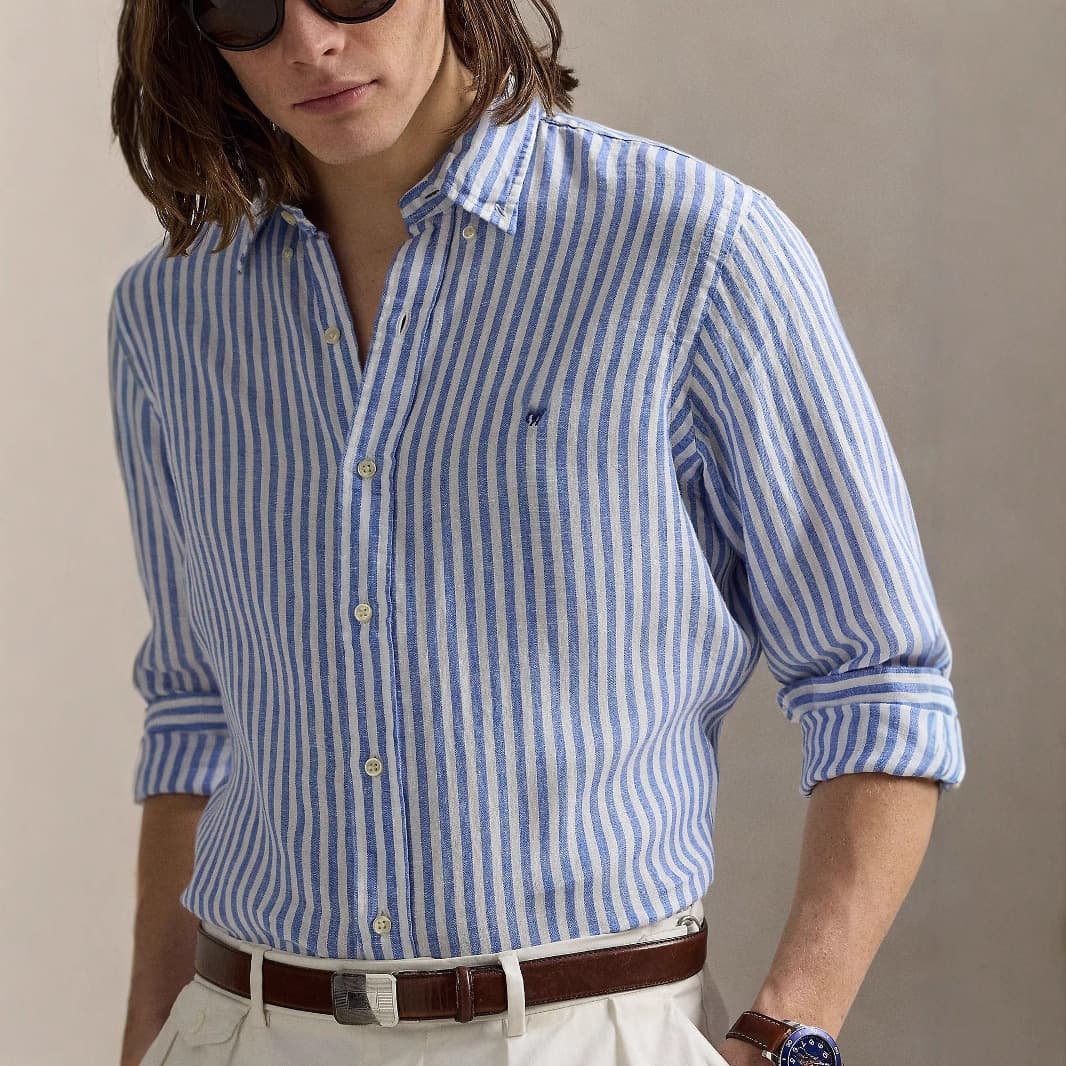 Cross-border RL Pony Logo Pure Cotton Striped Embroidered Shirt Men POLO Stylish Sun Protection Shirt Thin Long Sleeve Shirt