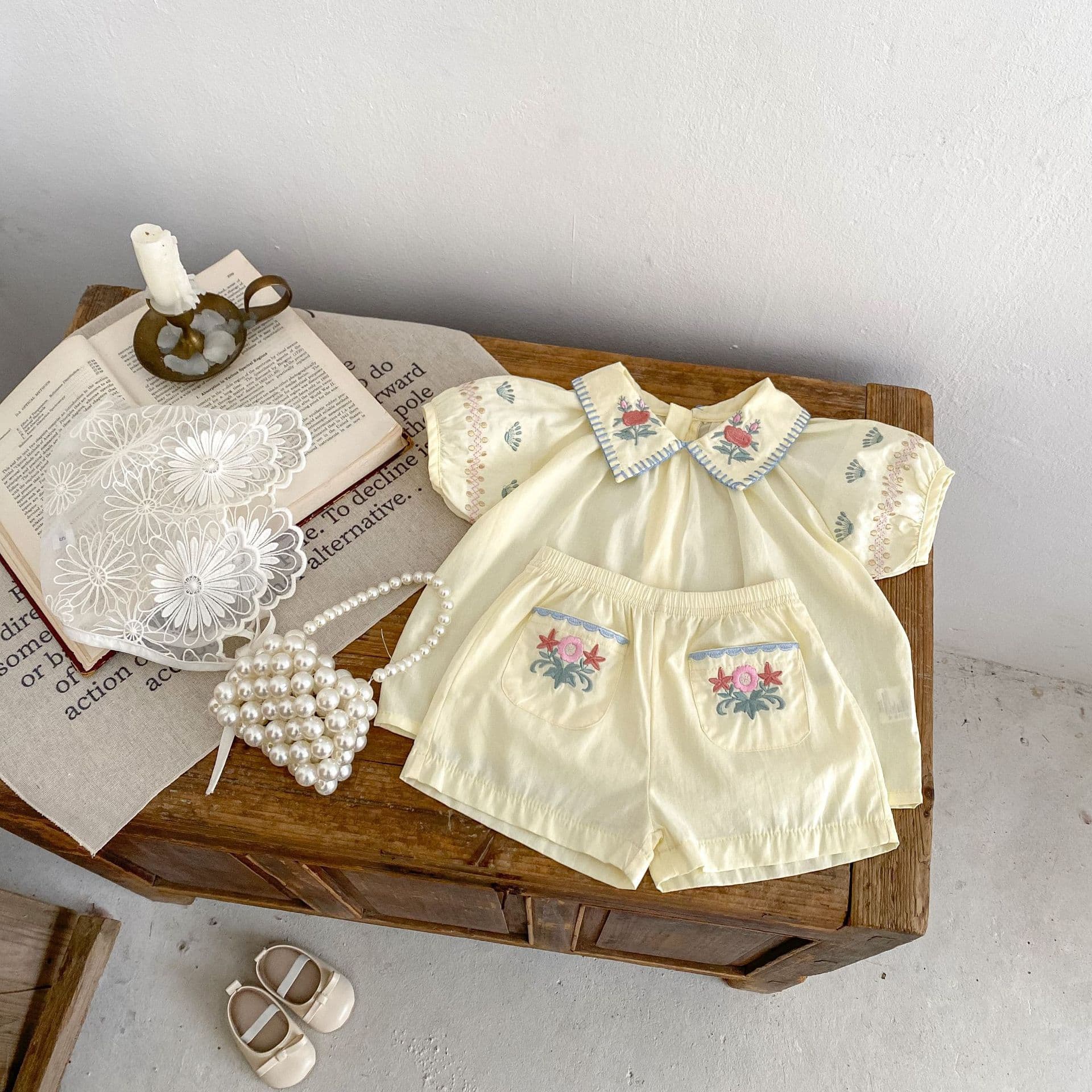 Girls' Outfit Set Summer Korean Style Infant Top with Pocket Shorts Two-Piece Set A-Class Pure Cotton Cross-Border Exclusive