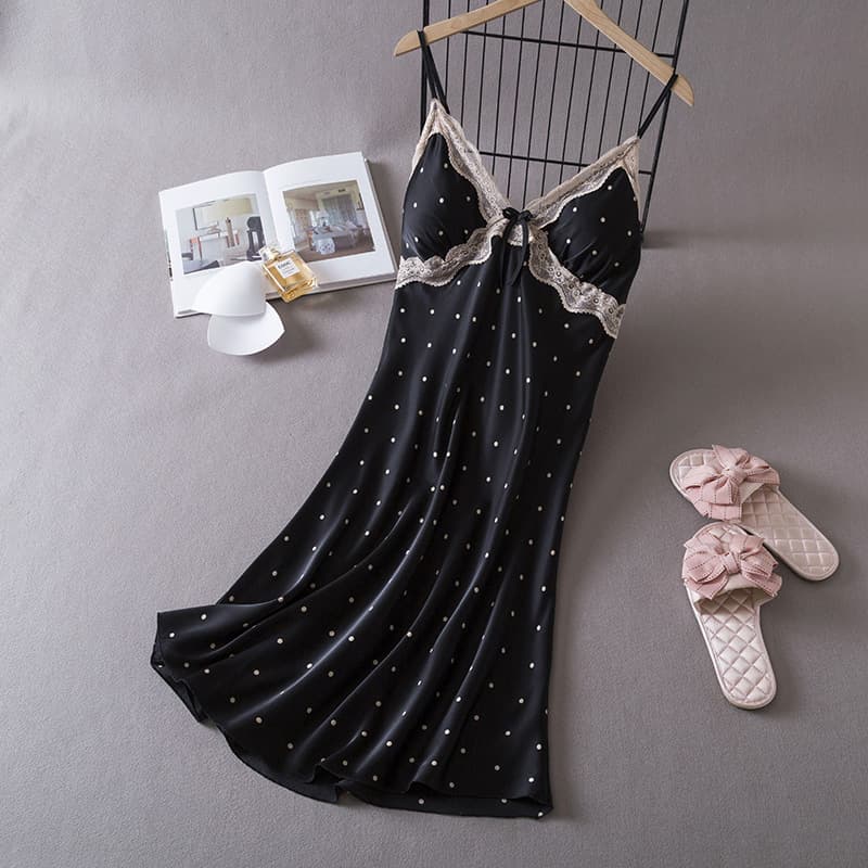 Ins Style Pajamas for Women, Ice Silk Sexy Temptation, Summer Ladies Nightgown with Breast Pads, Polka Dot Pajamas, Pure Lust Home Clothes