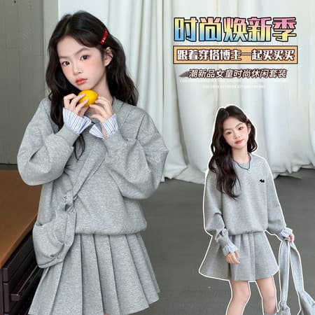 Girls Set Spring 6 New Korean Kids Clothing Big Girls Solid Color Sweatshirt Middle School Student Skirt 2-Piece Set