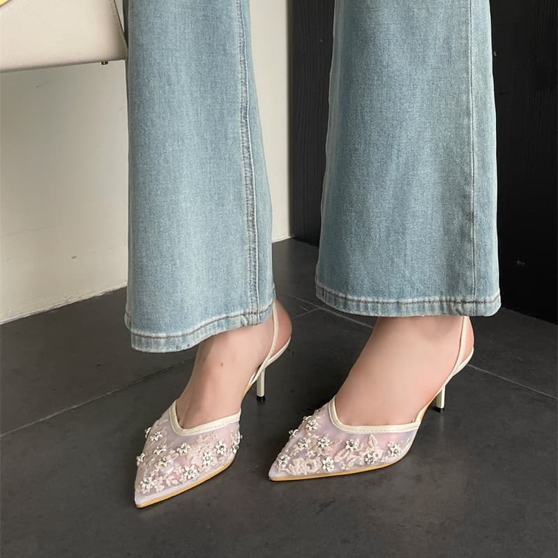 Lace Pointed Toe High Heels Women 2026 New Summer White Embroidered Mesh Rhinestone Fashion Sandals for Dresses